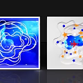 Decorative Art Installation With Blue White Curves Stars Moon Clouds Orange Stars And Red Birds