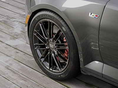 Car Tire With Black Alloy Wheels Red Brake Calipers And Tread Pattern On Wooden Deck 3d model