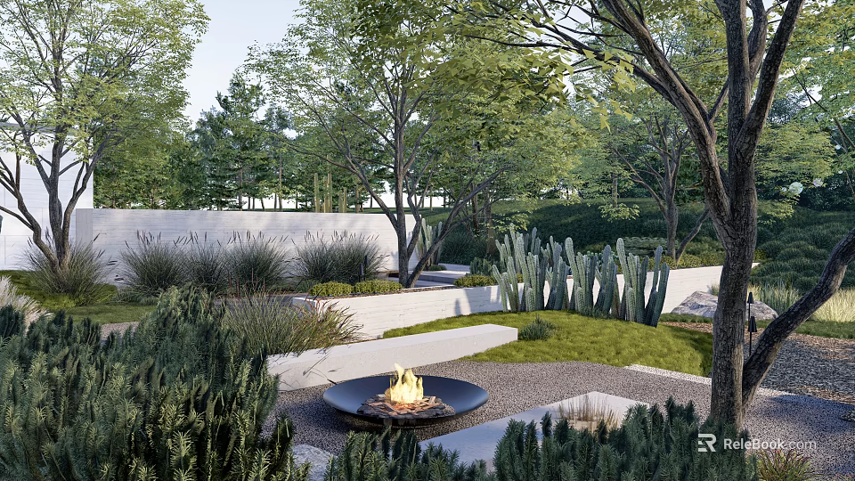 Lush Courtyard Garden With Burning Fire Pit Green Plants Cacti Trees Stone Pathways And Lawn 3d model 