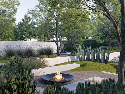 Lush Courtyard Garden With Burning Fire Pit Green Plants Cacti Trees Stone Pathways And Lawn 3d model