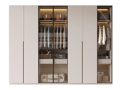 Modern Wardrobe Interior Design With Glass Doors Hanging Clothes And Storage Shelves 3d model