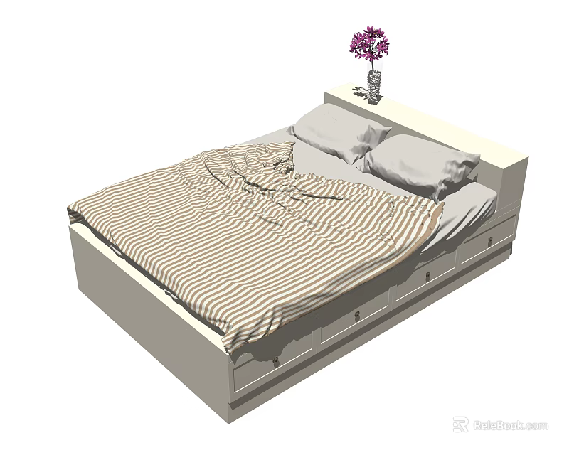 Modern Bedroom Bed With Striped Bedspread Pillows And Vase With Purple Flowers 3d model 
