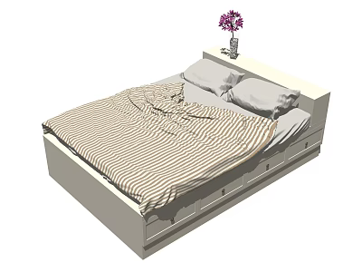 Modern Bedroom Bed With Striped Bedspread Pillows And Vase With Purple Flowers 3d model