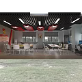 School Dining Space With Tables Chairs Windows And Red Star Ceiling Decorations 3d model