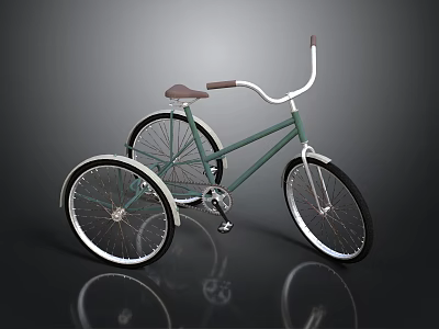 Green Tricycle Bicycle With Brown Seat White Handlebars And Silver Wheels On Gray Background 3d model