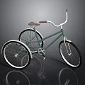 Green Tricycle Bicycle With Brown Seat White Handlebars And Silver Wheels On Gray Background