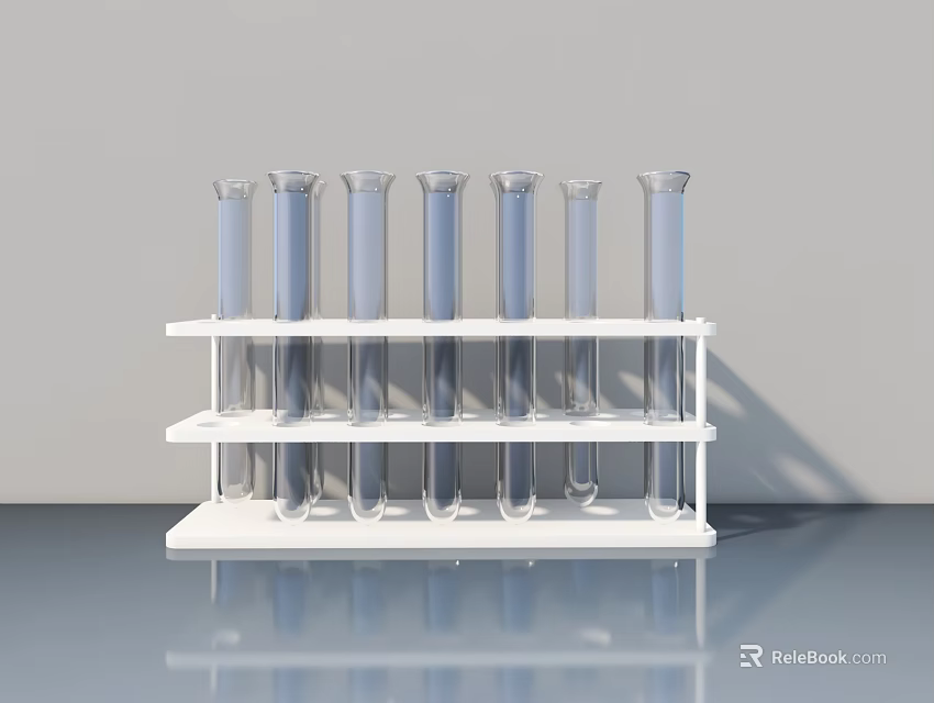 White Test Tube Rack With Transparent Tubes On Gray Tabletop With Reflection 3d model 