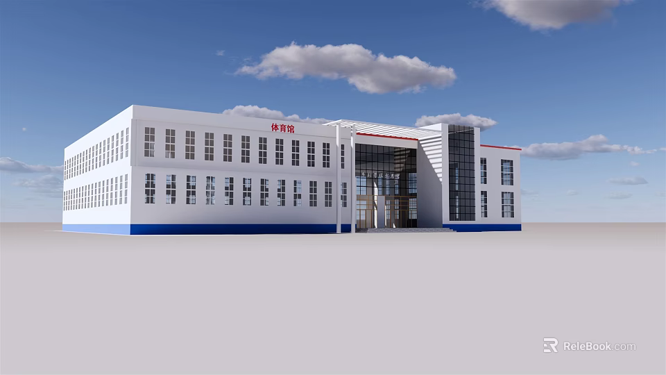 Modern White Building With Blue Trim Multiple Windows Glass Entrance And Red Sign 3d model 