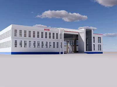 Modern White Building With Blue Trim Multiple Windows Glass Entrance And Red Sign 3d model