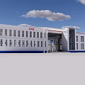Modern White Building With Blue Trim Multiple Windows Glass Entrance And Red Sign
