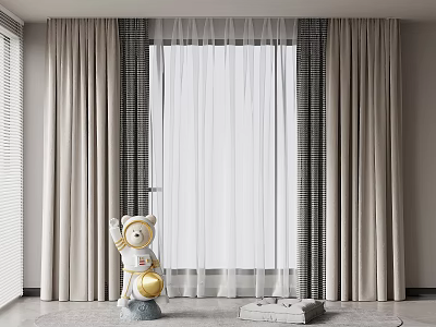 Elegant Interior with Beige Curtains White Sheer and Bear Doll Decor 3d model
