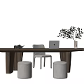 Modern Minimalist Wooden Desk With Laptop Green Plant And White Stools 3d model