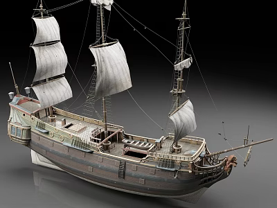 Wooden Sailing Ship Model With White Sails And Detailed Deck Structure Design 3d model
