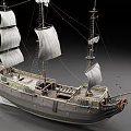 Wooden Sailing Ship Model With White Sails And Detailed Deck Structure Design