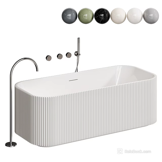 Modern White Ribbed Bathtub Design With Silver Faucet And Control Knobs 3d model 