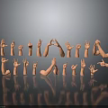 Various Hand Gestures With Orange Arm Models Arranged On Black Background With Reflections 3d model