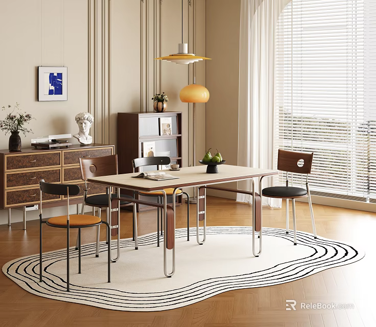 Modern Dining Table Set With Wooden Top Metal Legs Chairs And Wave Pattern Rug 3d model 