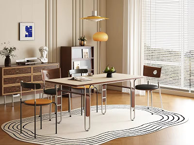 Modern Dining Table Set With Wooden Top Metal Legs Chairs And Wave Pattern Rug 3d model