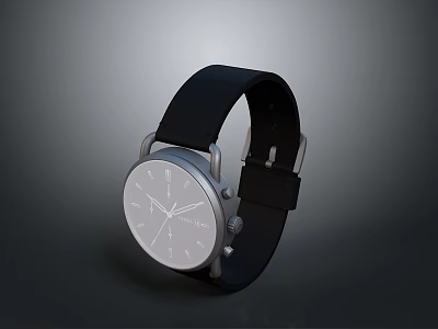 Stylish Modern Watch With Black Leather Strap White Dial Silver Case And Minimalist Design 3d model