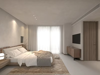 Modern Hotel Room Interior With Wooden Headboard White Bedding And Gray Blanket 3d model