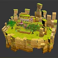 Small House Architecture In Miniature Wooden Block Scene With Green Grass And Trees