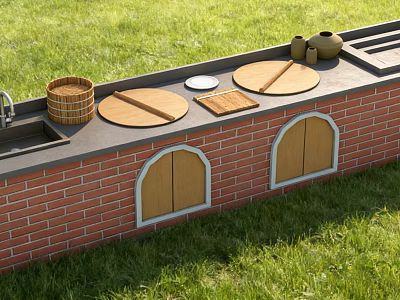 Kindergarten Outdoor Play Space With Brick Wall Arched Doors Wooden Lids And Clay Pots 3d model