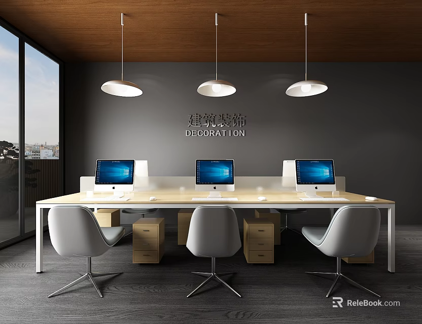 Modern Office Desk With Three Computers Ergonomic Chairs And Pendant Lights 3d model