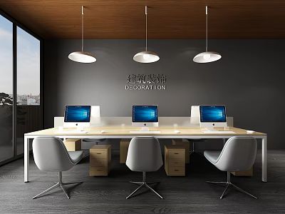 Modern Office Desk With Three Computers Ergonomic Chairs And Pendant Lights 3d model