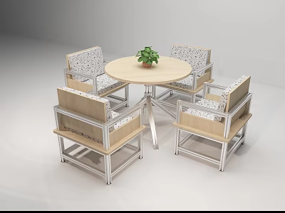 Stylish Leisure Chairs With Wooden Metal Frame Around Round Table And Green Plant 3d model