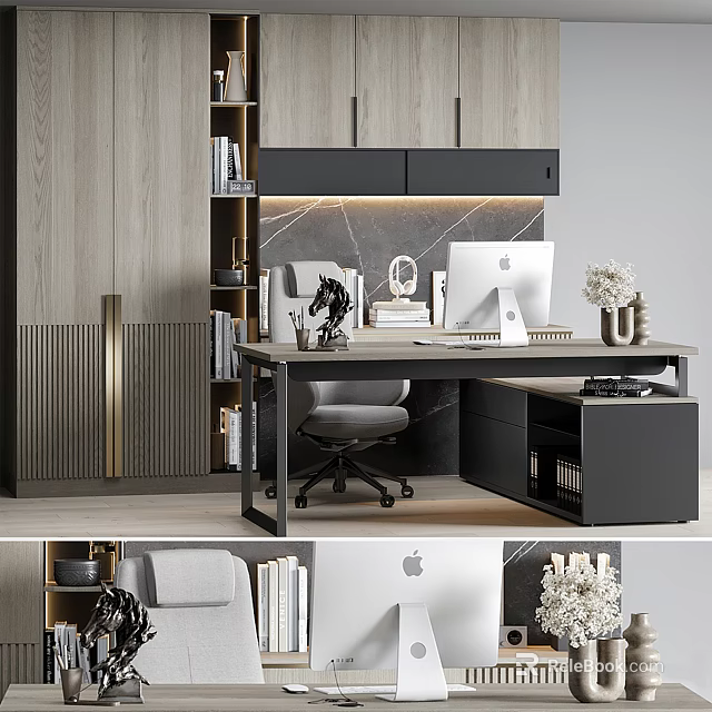Modern Wooden Office Desk with iMac Computer Desk Lamp Office Chair and Bookshelf 3d model 