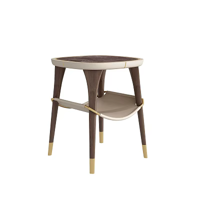 Side Table With Round Dark Top Light Edge Middle Shelf Dark Brown Legs Gold Tips 3d model