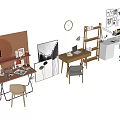 Modern Home Office Desk With Wooden Design Chair Lamp Bookshelf Clock And Wall Art