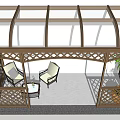 Outdoor Pergola With Lattice Design Comfortable Seating Furniture And Green Plants For Relaxation