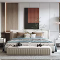 Elegant Modern Bedroom Interior With Comfortable Bed Ottoman Bench Decorative Artwork And Green Plant