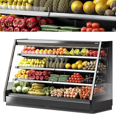 Assorted Fresh Vegetables In Glass Refrigerated Display Case At Supermarket Shelf 3d model