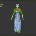 Elegant Female Character In White Long Dress With Green Blue Floral Patterns And Orange Trims