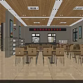 Spacious Cafeteria Interior With Tables Chairs Windows Ceiling Lights And Wall Decorations 3d model