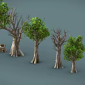 Cartoon Scene With Various Trees Having Green Leaves And Bare Branches