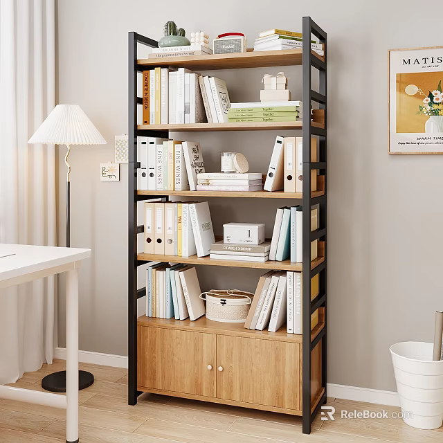 Modern Bookcase With Metal Frame Wooden Shelves Books Storage Basket Decor And Cabinet In Study 3d model 