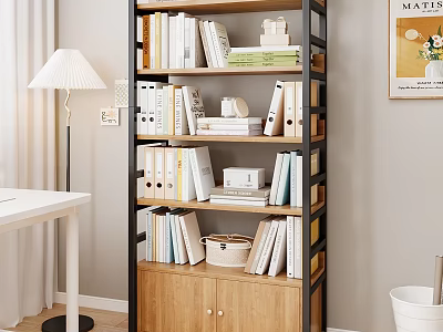 Modern Bookcase With Metal Frame Wooden Shelves Books Storage Basket Decor And Cabinet In Study 3d model