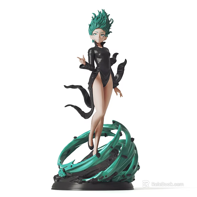 Female Sculpture With Green Hair Black Tight Outfit Black Flowing Ribbons And Green Circular Base 3d model 