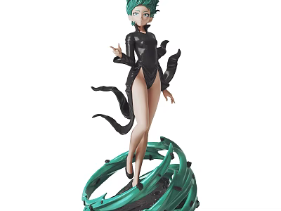Female Sculpture With Green Hair Black Tight Outfit Black Flowing Ribbons And Green Circular Base 3d model