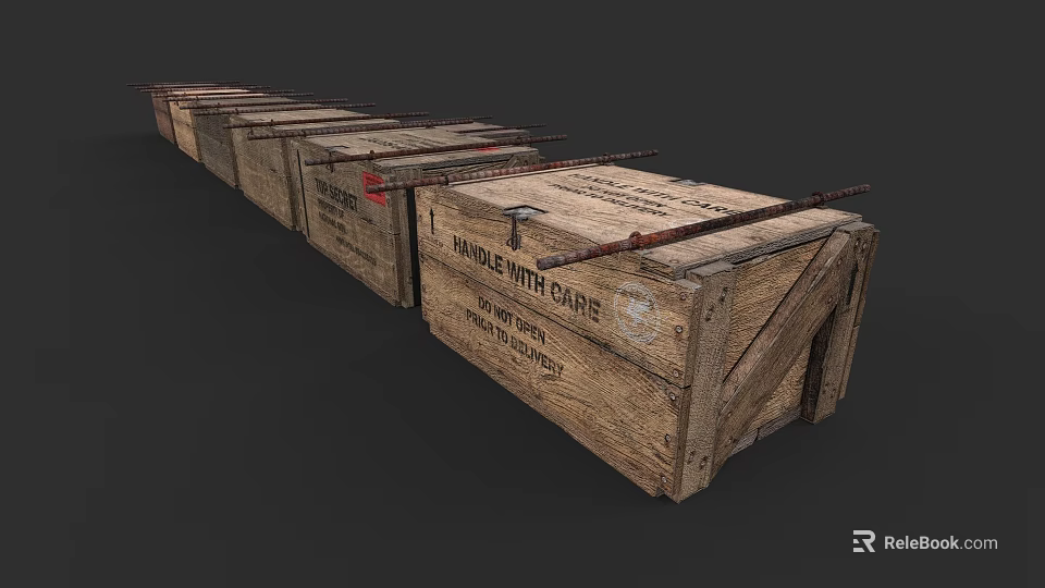 Row of Wooden Storage Lockers With Handle With Care Labels And Metal Strapping 3d model 