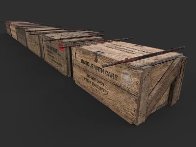 Row of Wooden Storage Lockers With Handle With Care Labels And Metal Strapping 3d model