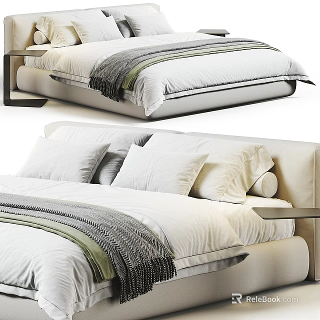 Modern Double Bed Interior With White Sheets Striped Blanket Pillows And Wooden Nightstand 3d model 