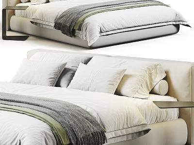 Modern Double Bed Interior With White Sheets Striped Blanket Pillows And Wooden Nightstand 3d model