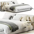 Modern Double Bed Interior With White Sheets Striped Blanket Pillows And Wooden Nightstand