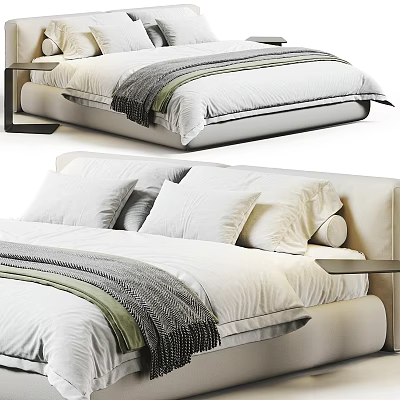 Modern Double Bed Interior With White Sheets Striped Blanket Pillows And Wooden Nightstand 3d model