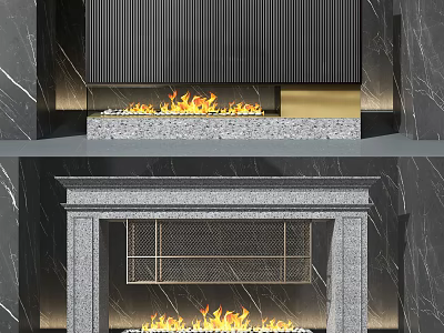 Modern And Traditional Fireplace Designs With Stone Material Striped Panel Grilled Door And Burning Flames 3d model