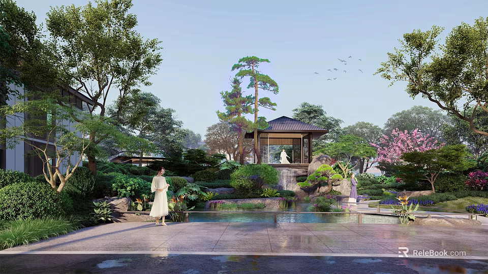 Rockery Stones In Traditional Garden Landscape With Pavilion Pond And Lush Greenery 3d model 